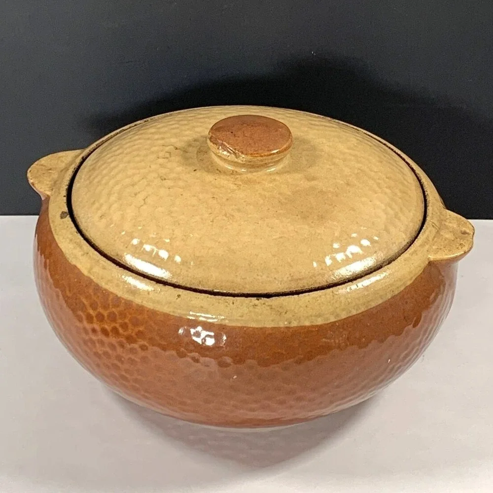 Kla-Ham'rd Stoneware Casserole Dish Lid Brown Tan Ceramic Pot USA Rustic 1940